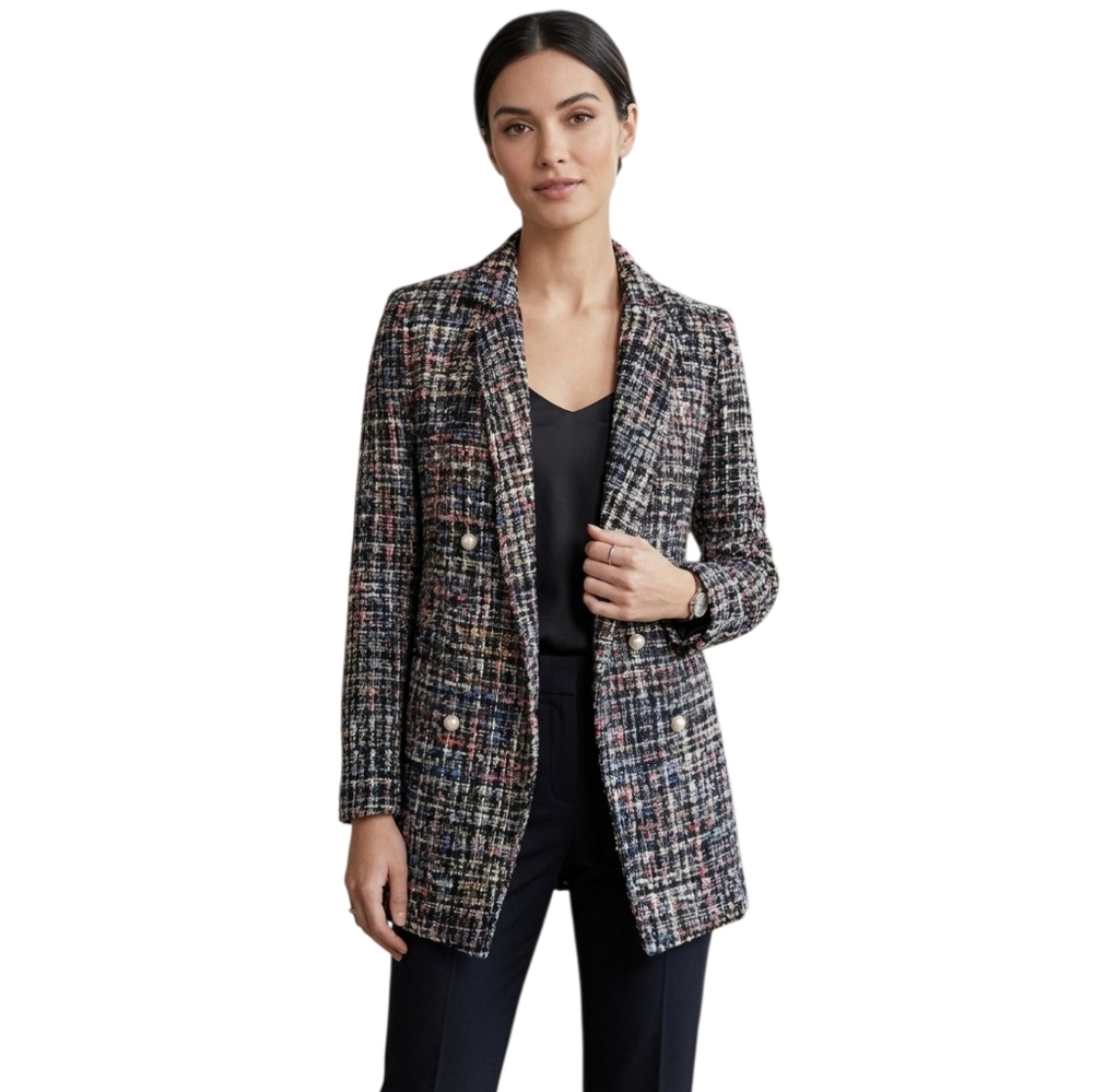 NWOT Le Chateau Tweed Blazer Pearl Buttons Multicolor Open Front